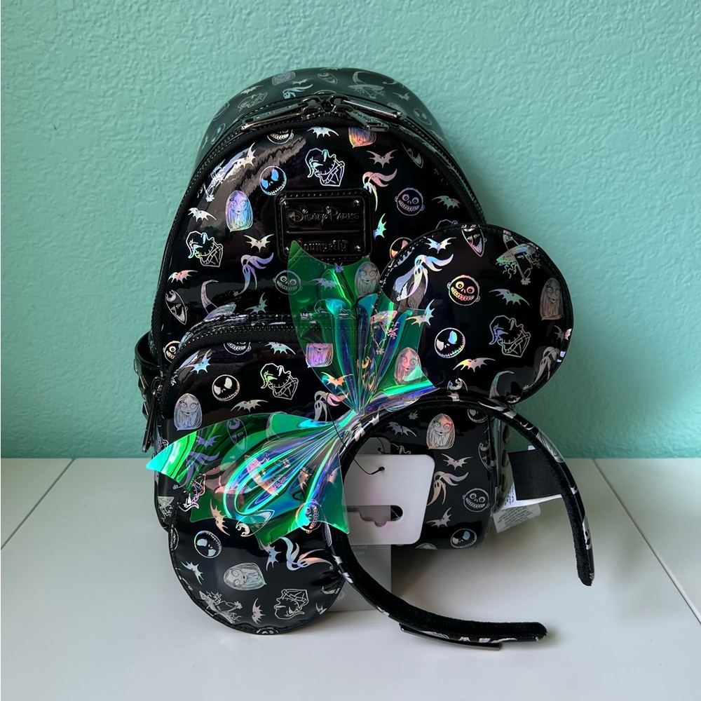 NWT Nighmare Before Christmas Holographic Loungefly Backack and Ears